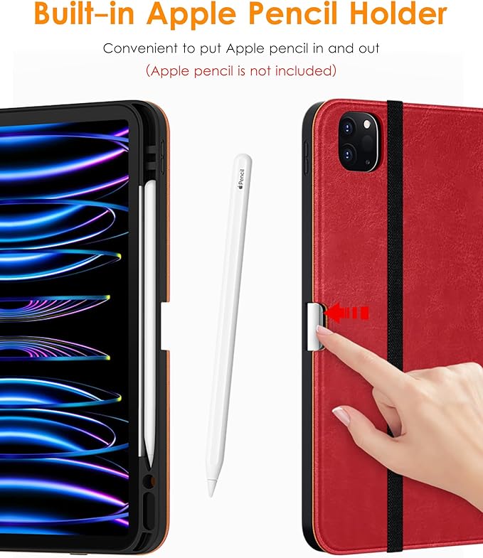DTTO for iPad Pro 12.9 6th / 5th / 4th / 3rd Generation Case 2022/2021/2020/2018,Premium Leather Folio Stand Cover with Built-in Apple Pencil Holder -Auto Wake/Sleep and Multi Viewing Angles,Red