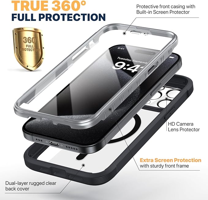 Diaclara Designed for iPhone 15 Pro Max Case, Full Body Rugged with Built-in Touch Sensitive Anti-Scratch Screen Protector, Soft TPU Bumper Case for iPhone 15 ProMax 6.7", Black