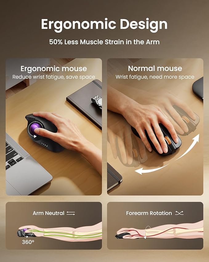 ProtoArc Wireless Bluetooth Trackball Mouse, EM02 Two Adjustable Angle Ergonomic Rechargeable Computer Ball Mouse, 3 Device Connection, Thumb Control and Smooth Tracking for Laptop, PC, Mac-Purple