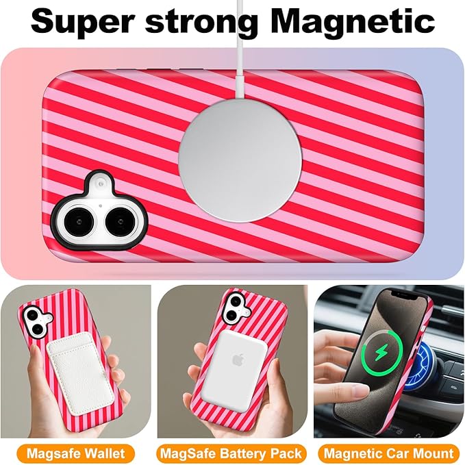 Magnetic for iPhone 16 Case Cute Diagonal Stripes Phone Case, Shockproof Slim TPU and Hard PC Protective Phone Cover Compatible with MagSafe Designed for Women Girls,Red