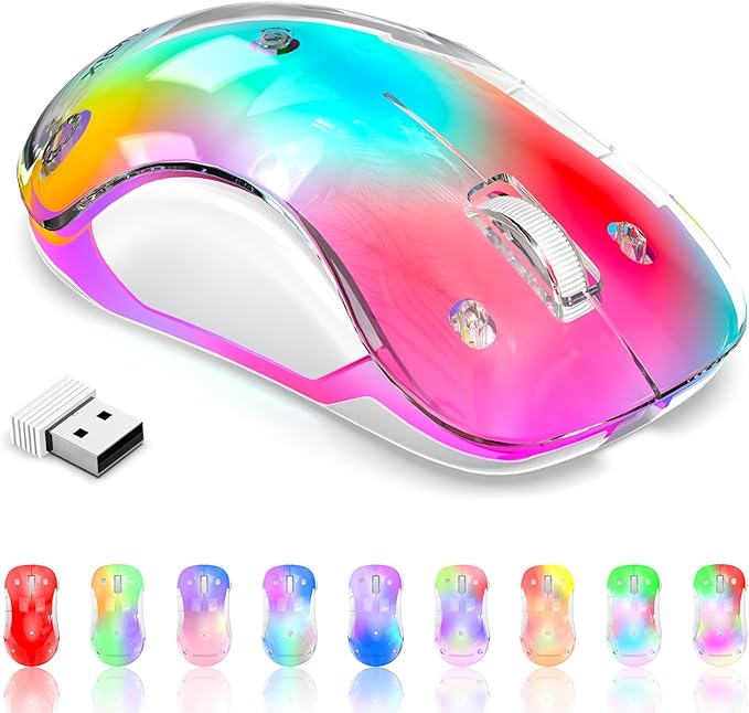 memzuoix 2.4G Wireless Mouse with Customizable Cover & 9-Color LED - Rechargeable Ergonomic, 1400 DPI, 5 Buttons, USB Receiver for PC/Mac - Pink