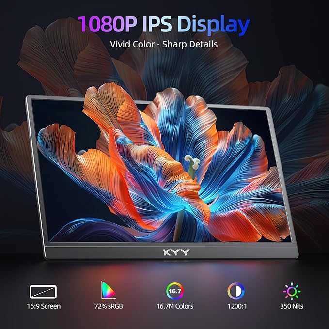 KYY Portable Monitor for Laptop,15.6'' Computer Screen Extender 1080P USB-C HDMI Laptop Display Built-in Stand & Dual Speakers, External HDR Display, Travel Monitor for PC MAC Phone Xbox PS4/5 Switch