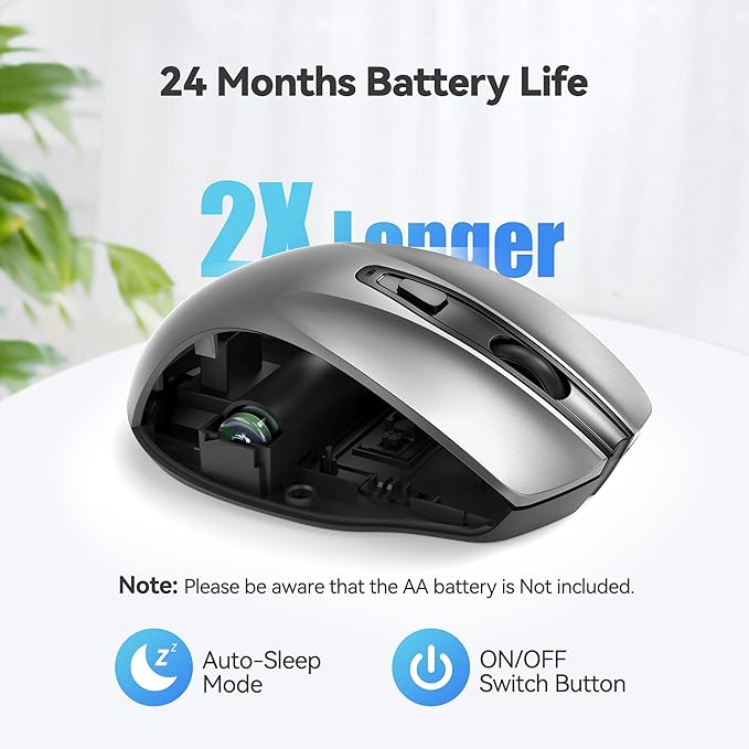 TECKNET Wireless Mouse, 2.4G Ergonomic Optical Mouse, Computer Mouse for Laptop, PC, Computer, Chromebook, Notebook, 6 Buttons, 24 Months Battery Life, 2600 DPI, 5 Adjustment Levels - Silver