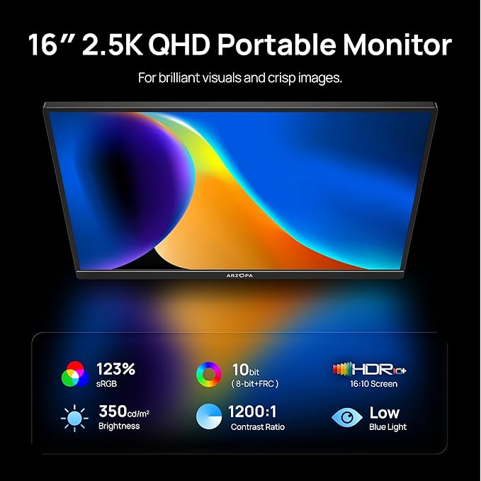 ARZOPA 16" 2.5K Portable Monitor, 2560x1600 QHD IPS Display 123% sRGB with Built-in Stand USB-C HDMI Eye Care External Second Screen for Mac Laptop Phone PS4/5 Xbox Switch -Z1RC