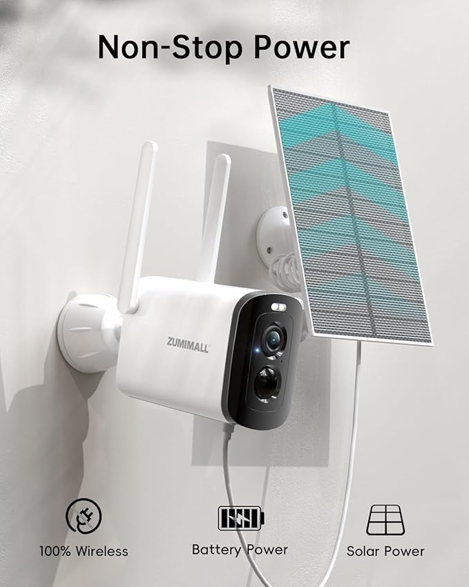 ZUMIMALL Solar Security Cameras Wireless Outdoor - 4 Packs, 2K Camera for Home Security with Color Night Vision, 2.4GHz WiFi, 2-Way Talk, Spotlight & Siren, IP66 Weatherproof, Compatible with Alexa