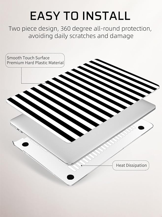 Seorsok Compatible with New MacBook Air 13.6 inch Case M4 M3 M2 2025 2024-2022 Release A3240 A2681 A3113 Touch ID,Cute Striped Plastic Hard Shell Case with Keyboard Cover,Black & White Stripes