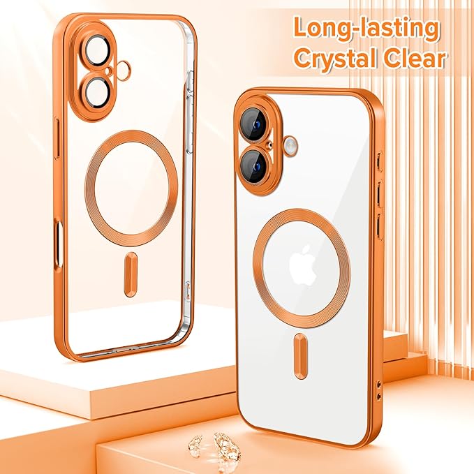 Hython Magnetic Clear for iPhone 16 Case with Camera Lens Protector [Compatible with MagSafe] Luxury Plating Edge Slim Soft TPU Cover Protective Phone Case for iPhone 16 6.1", Matte Orange
