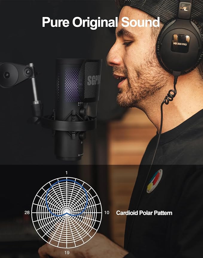 SGPRO Wireless USB Microphone for Streaming, Podcast, SG-CM25 Gaming Condenser Mic with RGB, Noise Cancellation, Tap to Mute, 24-bit/48kHz Recording, Includes Shock Mount & Pop Filter (PC/Mac/Mobile)