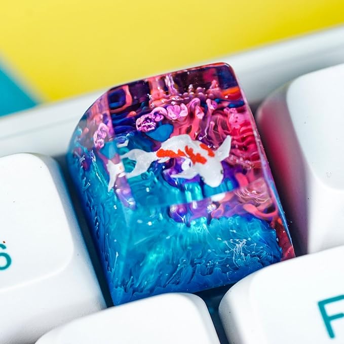 Kohaku Koi Artisan Keycap Blue and Pink Ocean Coral R1 SA Profile Custom Keycaps 1U ESC Handmade Gaming Resin Key Cap Cherry MX Switch Compatible Mechanical Keyboard Koi Lover Gift