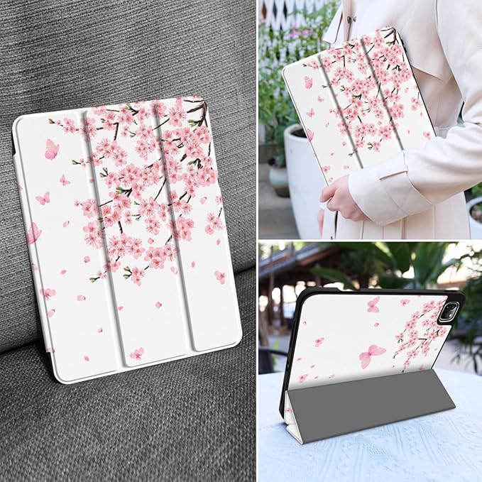MEEgoodo Case for iPad Pro 12.9 Case M2 6th/5th/4th/3rd Generation 2022 2021 2020 2018, Protective Tablet Cover with Soft Back Shell for Kids, Cherry Blossoms