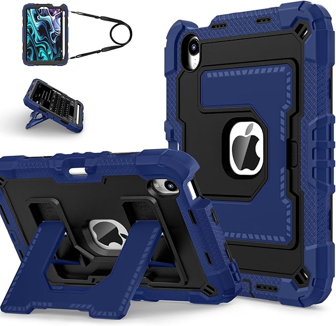 Kids Friendly Case for Apple iPad mini 7 A17 Pro 2024/iPad Mini 6 2021 8.3 Inch 7th/6th Gen Case with Pencil Holder & Shoulder Strap, Shockproof Kickstand Hard Shell Protective Cover,Blue+Black