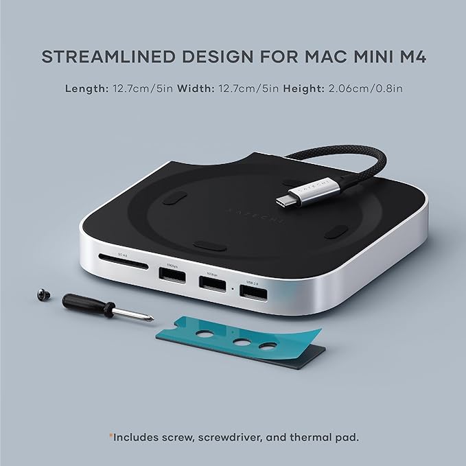 Satechi Mac mini M4 Hub & Stand with NVMe SSD Enclosure, Mac mini M4 Dock with 2xUSB A Up to 10Gbps, USB A Data Port, SD Card Reader, Optimized Self-Cooling - Silver