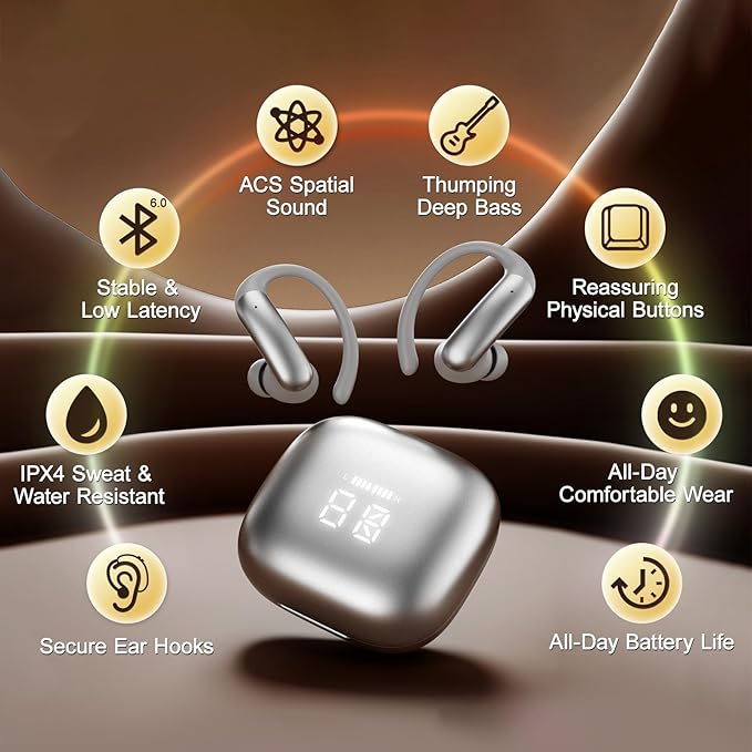 Sport Earbuds with Ear Hook 66hrs Playtime with LED Display Case, Wireless Bluetooth 6.0, Sports Over The Ear Earbuds, IPX4 Gym Workout Running Headphones, Deep Bass & Stereo Sound.