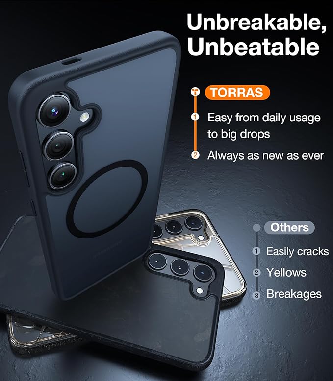 TORRAS Magnetic Shockproof for Samsung Galaxy S25 Case, Fit for MagSafe, 4X Military Grade Protection, Translucent Hard Back Slim Case for Samsung S25 Case, Anti-Fingerprint Anti-Scratch, Black