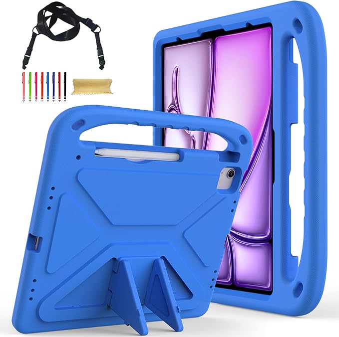 Cute Kids Case for iPad Air 13" M4 M3 M2 2026 2025 2024/ Pro 13 Inch M5 M4 Cover 2025 2024, iPad Pro 12.9 Case 2022/2021/2020/20218, Soft EVA Handle Cover with Shoulder Strap Stand, Blue