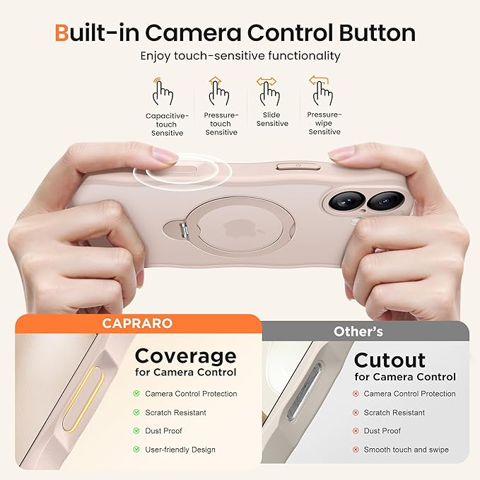 CAPRARO for iPhone 16 Plus Case with 360° Spin Magnetic Stand for Women, [Compatible with MagSafe] [Full Camera Protection] Cute Wave Translucent Matte Case for iPhone 16 Plus, Pink Gold