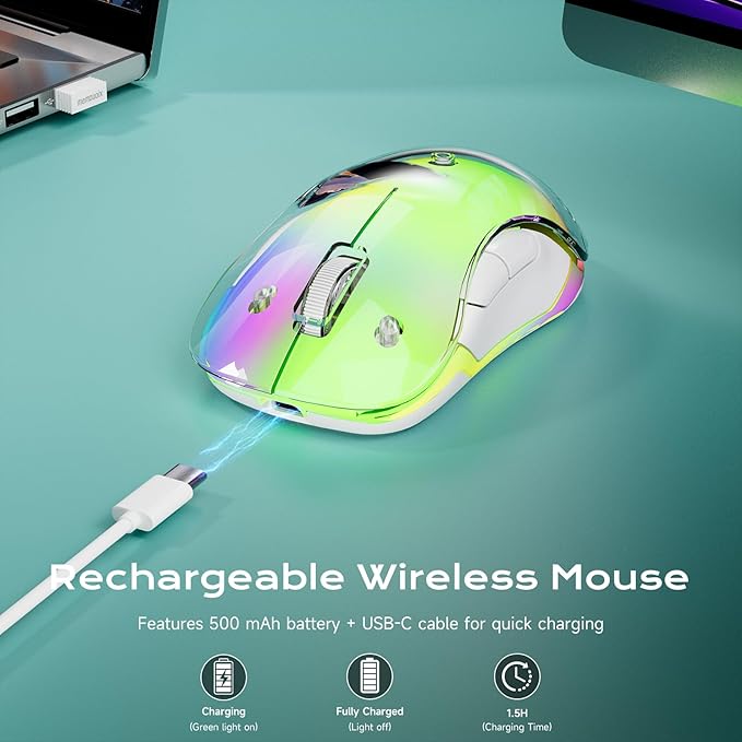 memzuoix 2.4G LED Wireless Mouse, Rechargeable Ergonomic Mouse with Detachable Cover, 1400 DPI Portable Optical Computer Mouse with USB Receiver for Laptop, PC, Desktop and MacBook, 5 Buttons-Green