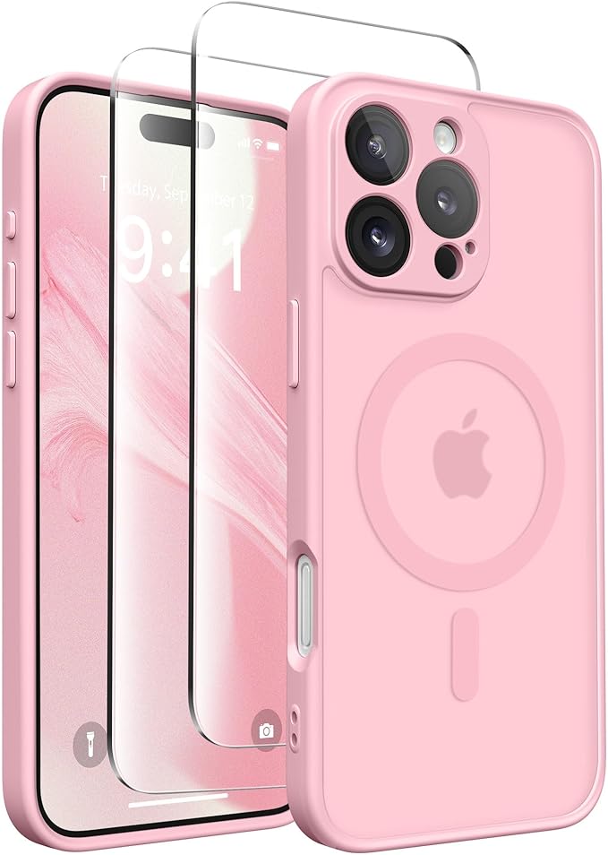 CAPRARO Magnetic Compatible with iPhone 16 Pro Case, Upgraded [Full Camera Protection] [Compatible with MagSafe] Protective Translucent Matte Women Girl Phone Case Cover, Peach Pink