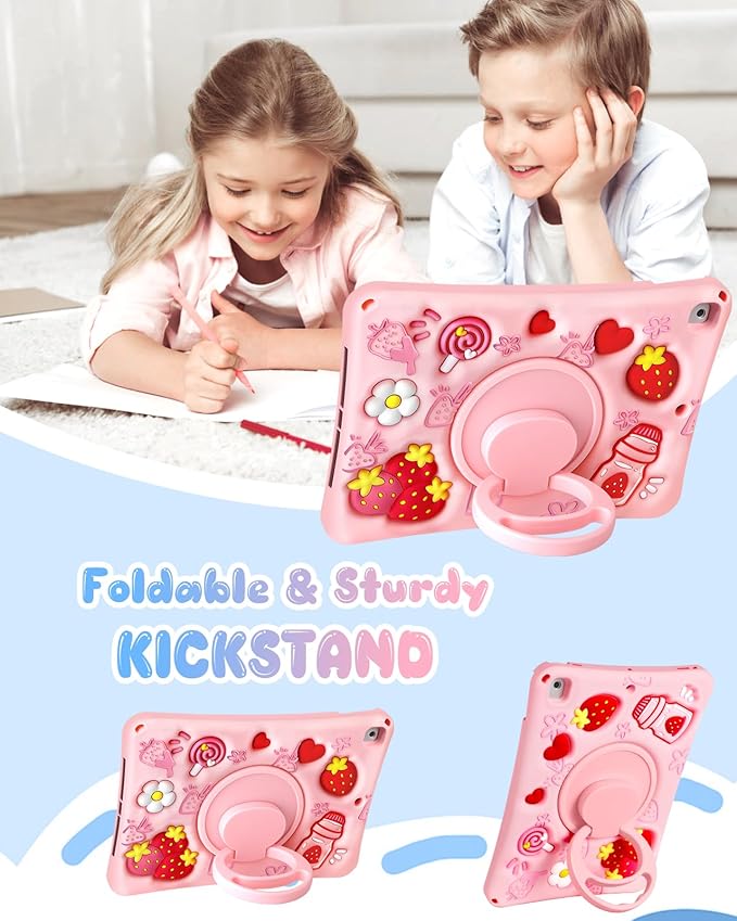 Boaretiu for iPad 6th/5th Generation Case 2018 2017 - for iPad 9.7 Inch Soft Silicone Cute Cartoon Strawberry with Shoulder Strap & Rotating Stand 3D Kawaii for Girls Girly Teens Women for Air1 Air2