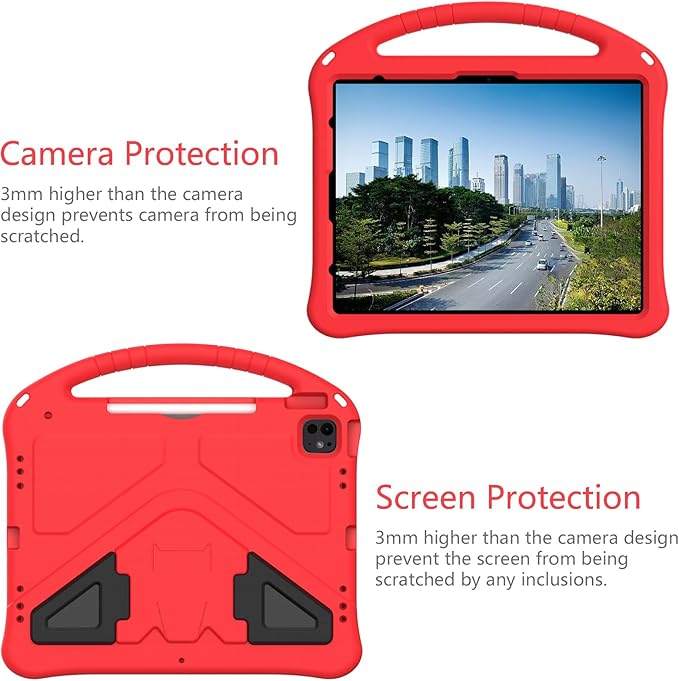 Kids Case for iPad Pro 13 inch M5/M4 (2025/2024) with Kickstand/Pencil Holder/Handle Stand Lightweight Soft EVA Foam Shockproof Heavy Duty Rugged Protection Kids Girls Boys Cover, Red
