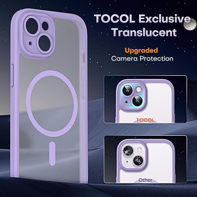 TOCOL Magnetic for iPhone 14 Case, Upgraded Full Camera Protection, Compatible with Magsafe, Drop Protection, Translucent Matte Back Bumper Phone Cover 6.1-Inch (Light Purple)
