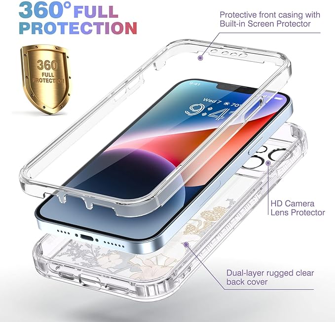 Diaclara Designed for iPhone 14 Case, Full Body Rugged Case with Built-in Touch Sensitive Anti-Scratch Screen Protector, with Camera Lens Protector for iPhone 14 6.1" (Lily) Butterfly
