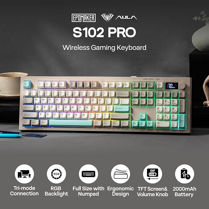 EPOMAKER Aula S102 PRO Membrane Gaming Keyboard with TFT Screen, Volume Knob & Number Pad, BT/2.4G/USB, RGB Backlit, Creamy Silicone Structure, Silent Keyboard for PC Game/Office (Grey)