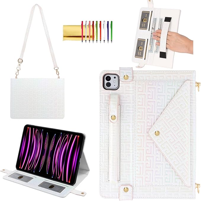Shiny Case for iPad Pro 12.9" 6th/5th/4th Gen & iPad Air 13-inch Handbag w/Hand Strap, Techcircle Crossbody Iridescent Folio Stand Wallet Case w/Pencil Holder+Shoulder Strap, Shiny White