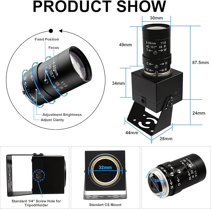 4K Ultra HD USB Webcam, 5-50mm 10X Optical Manual Zoom Lens, 2160P High Definition Camera for Live Streaming, Video Conference, Lightburn, Plug & Play for Windows Mac OS Linux