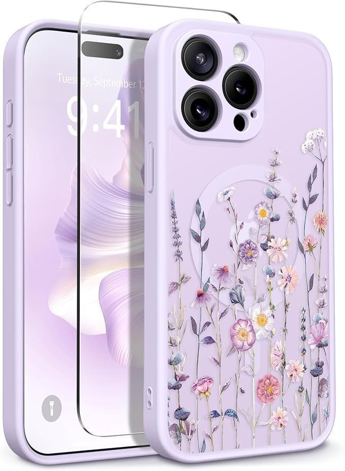 GVIEWIN for iPhone 15 Pro Case Compatible with MagSafe, [Military Grade Protection] [Screen Protector] Full Camera Protection Floral Translucent Women Magnetic Phone Case, Floratopia/Colorful