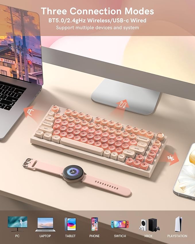 WK75 Wireless Mechanical Keyboard with Knob, 75% Foundation Pink Creamy Keyboard, Hot Swappable, Pre-lubed Switches, Gasket Mount with MOA Profile Jelly Keycaps, RGB Backlit Gaming Keyboards
