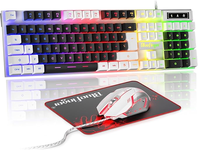 BlueFinger RGB Gaming Keyboard and Backlit Mouse Combo, USB Wired, LED Gaming Set for Laptop PC Computer Game and Work (White & Black)