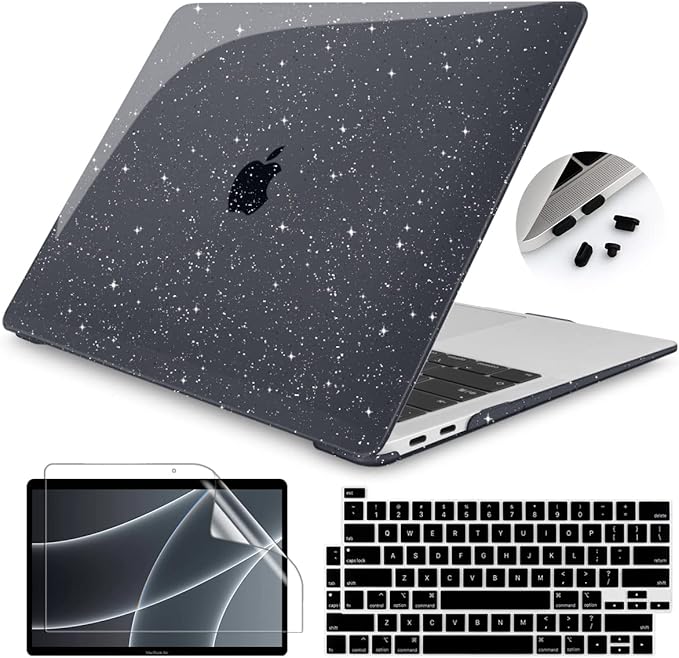 Teryeefi for MacBook Pro 13 Inch Case 2022 2021 2020 2019 2018 2017 2016 Release A2338 M1 M2 A2289 A2251 A2159 A1989 A1706, Sparkly Hard Shell Cover +Keyboard Cover + Screen Protector, Glitter Black