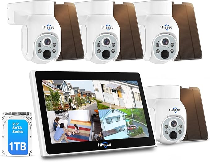 Hiseeu Solar Security Camera Outdoor, 4PCS 4MP Wireless Security Camera System with 10in LCD, 2-Way Audio, PT 360°, Night Vision, Motion Detection, 2.4G WiFi, No Subscription fee
