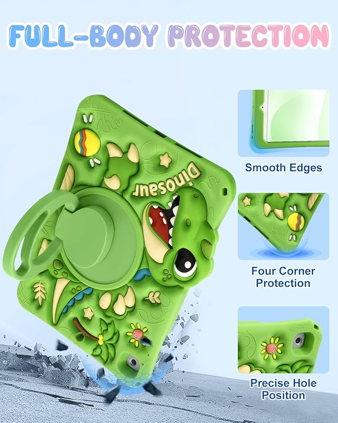 Boaretiu for iPad 6th/5th Gen Case, for iPad Air 2nd/Air 1st/Pro 9.7 inch 2016 Case - Cute Cartoon Silicone Cover with Adjustable Shoulder Strap & Rotating Stand for Kids Boys Girls, Green Dinosaur