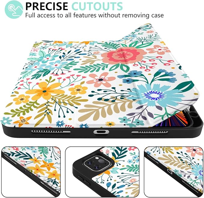 DONGKE Case for iPad Pro 11 inch (4th, 3rd, 2nd & 1st Gen) 2022 2021 2020 2018, Trifold Stand + Pencil Holder + Auto Wake/Sleep + Soft TPU Protective Stand Back Cover, Flower
