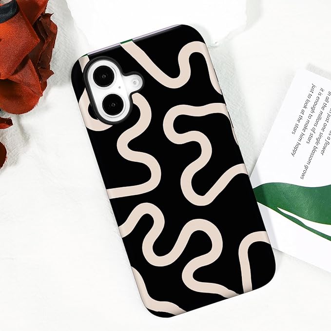 Magnetic for iPhone 17 Case Cute Curved Stripes Phone Case, Shockproof Slim TPU and Hard PC Protective Phone Cover Compatible with MagSafe Designed for Women Girls,Black