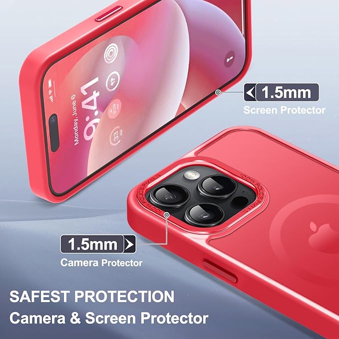 Newfuture Upgraded Magnetic for iPhone 15 Pro Max Case [Compatible with Magsafe] [Mil-Grade Protection], Pocket-Friendly, Slim Translucent Phone Case Cover for iPhone 15 Pro Max 6.7", Red