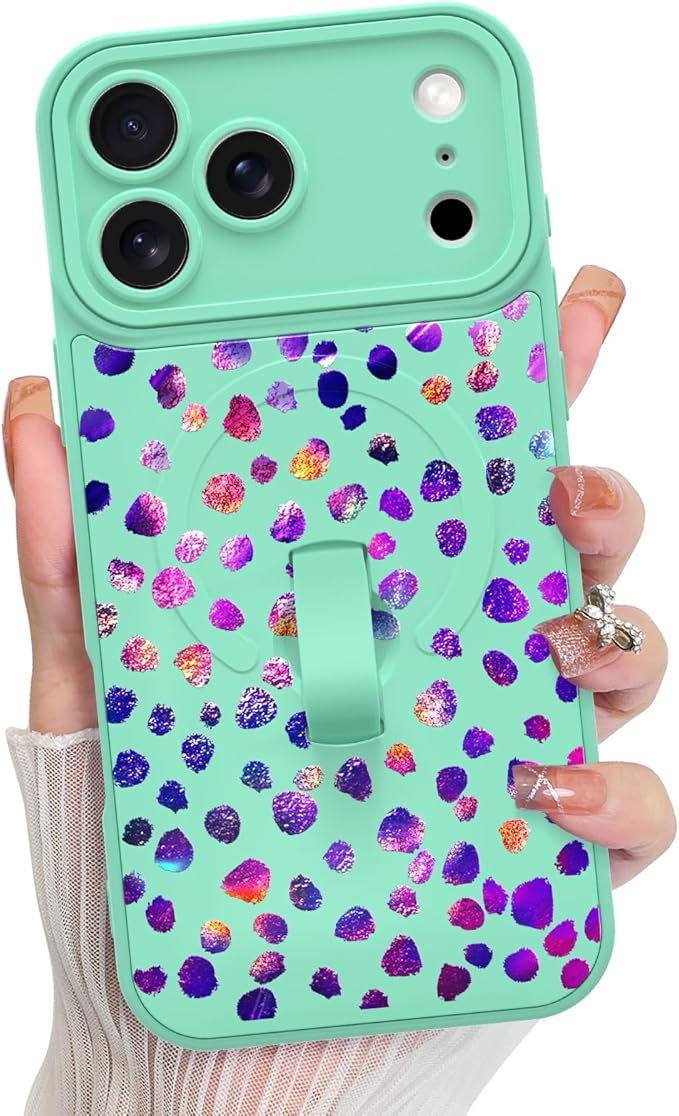 KANGHAR Compatible with iPhone 17 Pro Case, Support for MagSafe, Silicone Cute Iridescent Pattern Leopard Print Cheetah, Wristband Kickstand Shockproof Soft Slim Cover for Girls Women, Green
