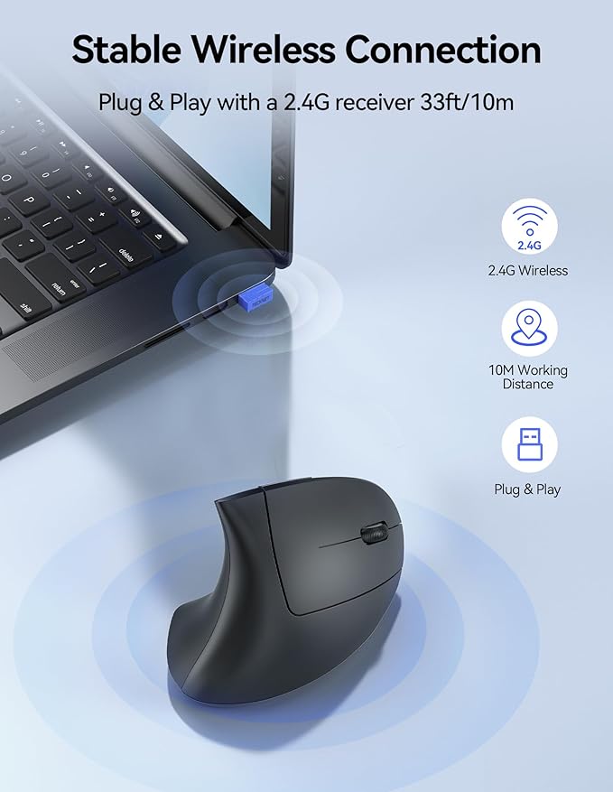 TECKNET Ergonomic Mouse, Rechargeable Vertical Ergo Mouse Wireless 800-4800 Levels 5 Adjustable DPI, Silent 2.4GHz Optical Carpal Tunnel Mouse for Right Hand, USB Wireless Mice for Laptop, PC
