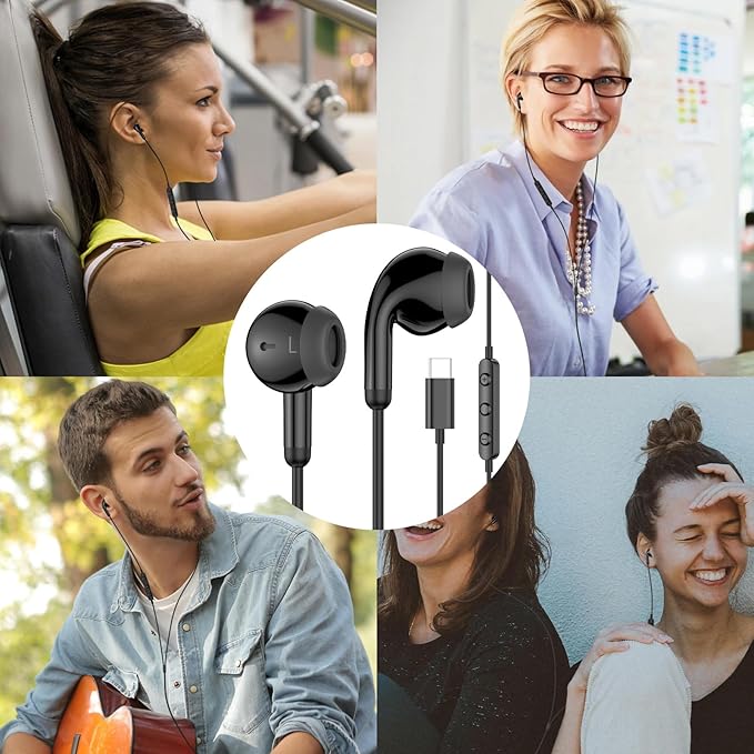 USB C Earbuds Wired USB Type-C Headphones for Apple iPhone 17 16 15 Pro/iPad 10th Generation for Galaxy S26 Pixel 10 Earphones with Microphone Volume Control Noise Isolating HiFi Stereo Headset Black