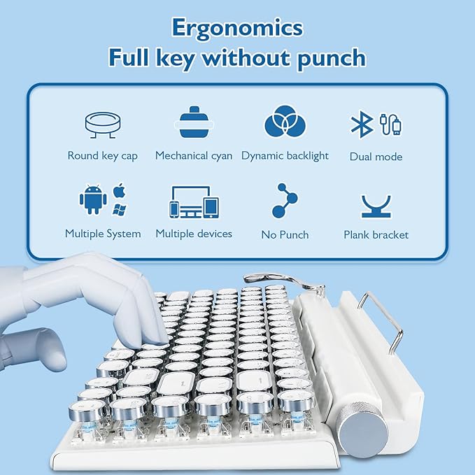 Adventurers Retro Typewriter Keyboard, 75% Layout 83 Keys with Blue Switch,Bluetooth 5.0,Fixed Multi-Color Backlight,Hot-Swappable for PC/Laptops/Mac/ipad(White)
