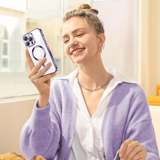 Hython Magnetic Clear for iPhone 12 Pro Case with Camera Lens Protector [Compatible with MagSafe] Luxury Plating Edge Slim Soft TPU Cover Protective Phone Case for iPhone 12 Pro 6.1", Deep Purple