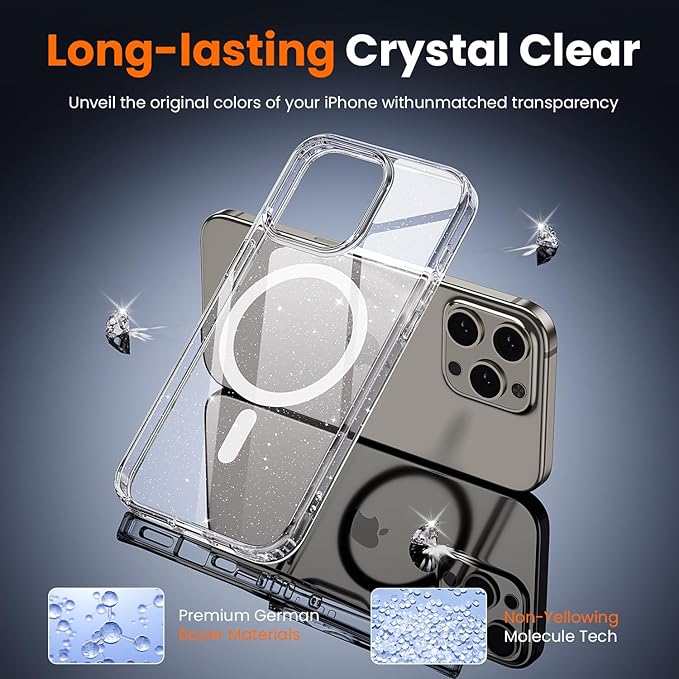 toushion 3 in 1 for iPhone 15 Pro Max Case Clear with MagSafe, Not Yellowing, Screen Protector*1 Camera Lens Protector*1,Protection for iPhone 15 Pro Max Phone Case 6.7 inch Clear Glitter