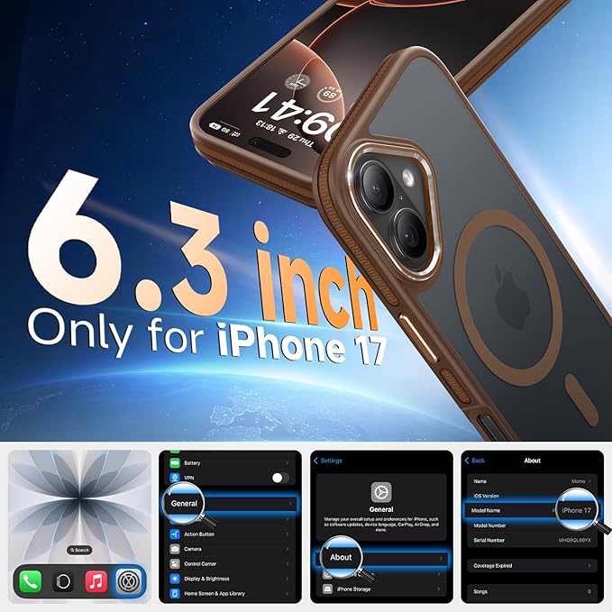 Magnetic 3 in 1 for iPhone 17 Case, [Omni-Directional Protection] with 1x Screen Protector + 1x Camera Cover, [Seamless Work with Magsafe] Translucent Protective Silm Phone Case for iPhone 17 Brown