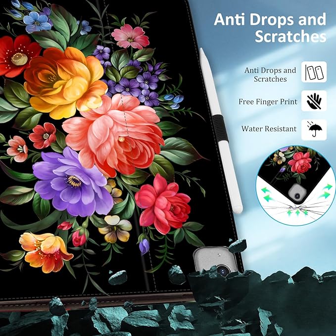 Lokigo Case for iPad Pro 13 Inch (M5/M4), iPad Air 13 Inch (M4/M3/M2), iPad Pro 12.9 Inch (6th/5th/4th/3rd) Gen, Typing Stand, with Pencil Holder/Card Pocket, Auto Wake/Sleep, Black Colord Flowers