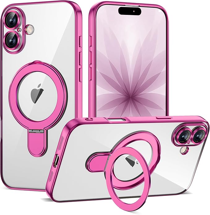 Compatible with iPhone 17 Case with Invisible Magnetic Ring Stand [Compatible with Mag-Safe] [Full Camera Lens Protector] Plating Clear Phone Case for iPhone 17 6.3", Rose