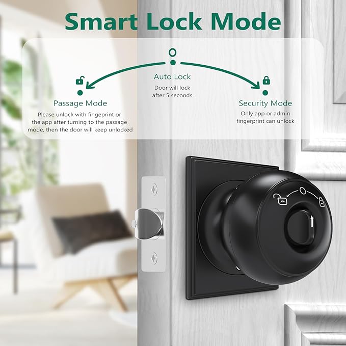 GeekTale Fingerprint Door Lock for Bedrooms, Fingerprint Door Knob with Lock, Smart Door Lock, App Control, Back-up Keys, Thumbprint Door Knob for Bedrooms, Office, Apartment