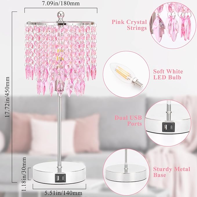 Pink Crystal Lamps, Touch Control Crystal Table Lamp with Dual USB Charging Ports, 3 Way Dimmable Bedside Lamp Decorative Nightstand Lamp for Girls Bedroom, Living Room, B11 LED Bulb Included