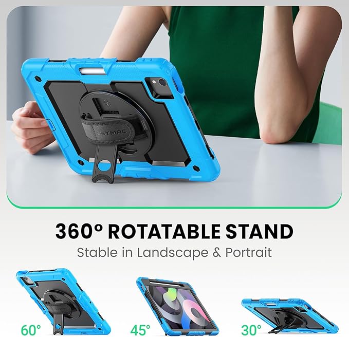 SEYMAC Case for iPad Air 5th/ 4th Generation 10.9", Full-Body Shockproof Protective Case with Screen Protector, Rotating Stand/Handle/Shoulder Strap/Pencil Holder for iPad Air 5/ Air 4, Sky Blue